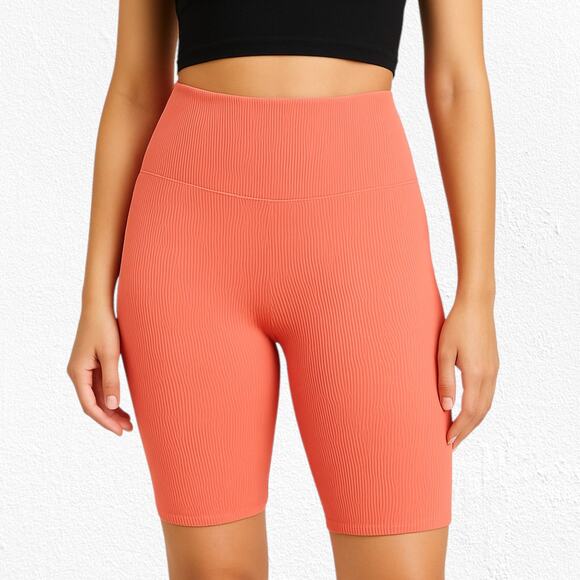 Levi's Coral Orange Ribbed High Rise Bike Shorts Stretchy Activewear Size Medium - Picture 2 of 9